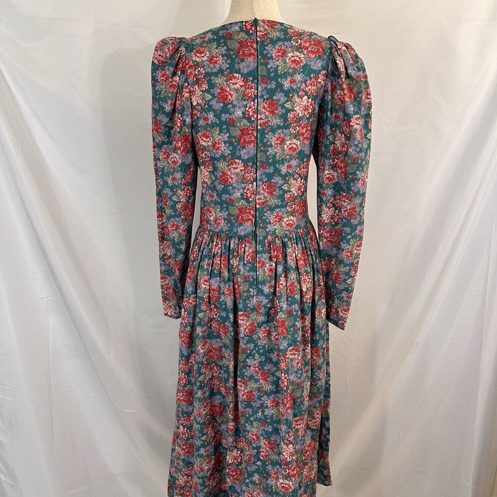 Vintage Laura Ashley Prairie Maxi Dress Floral Cottagecore 10 Cotton Puff Teal - Picture 7 of 12